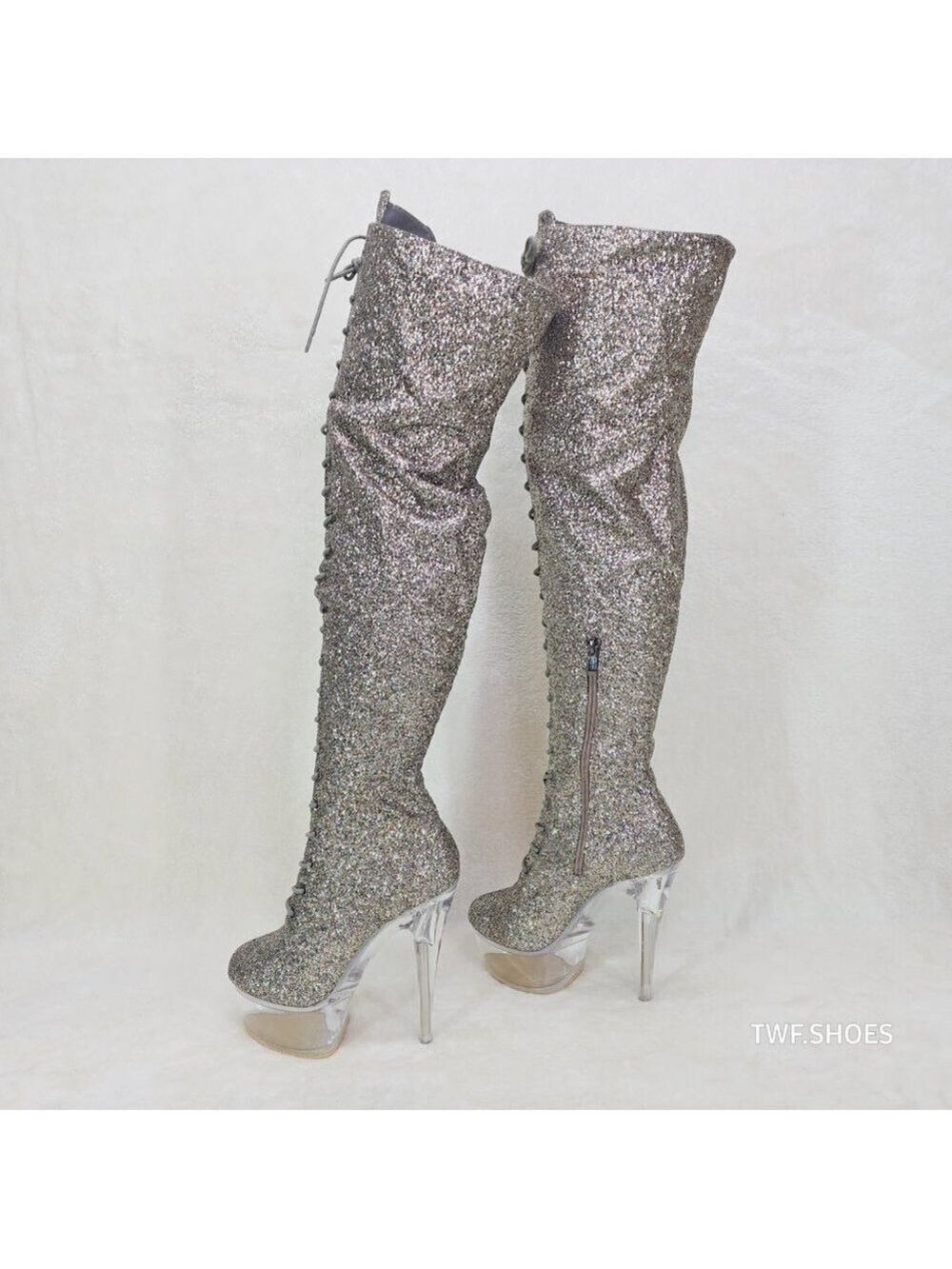 Bulls Silver Glitter Lace Up OTK Platform High Heel Thigh Boot
